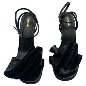 Larroude Penelope Ruffle Cracked Metallic Leather Heeled Sandals Black 10